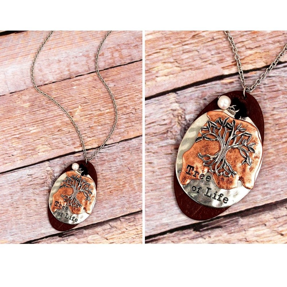 Tree of Life Necklace. Silver & Copper, Brown Faux Leather. NWT.